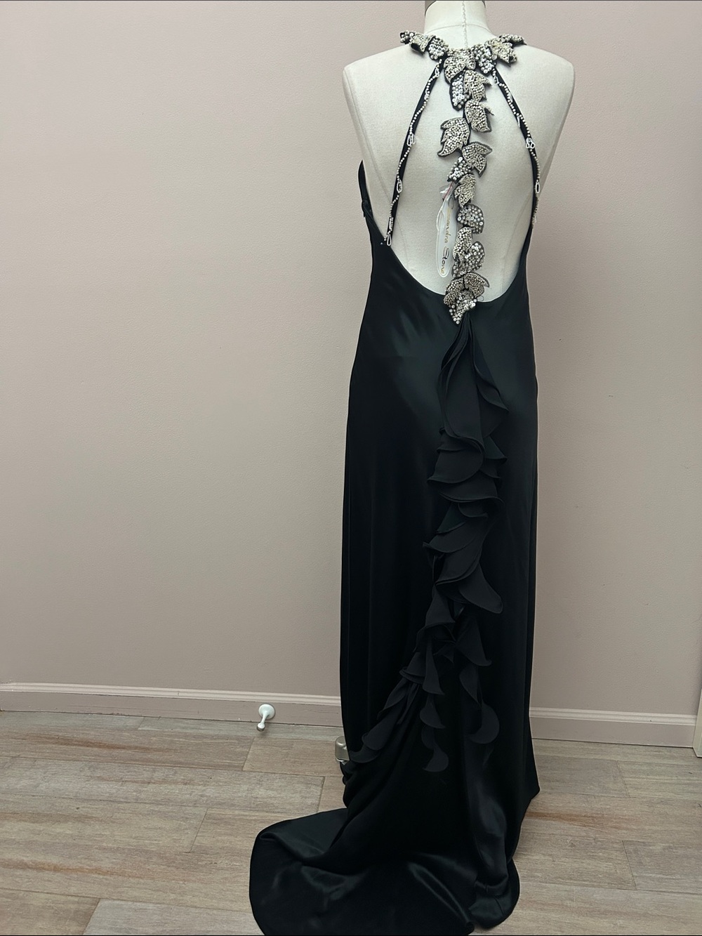 Cassandra Stone Black Halter Maxi Gown with Crystal Collar and Ruffle tail sz 12